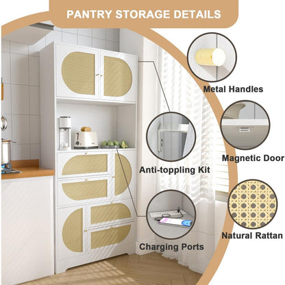 Storage Cabinet with Rattan Doors, Tall Freestanding Hutch Cabinet with Power Outlet,4 cabinet door and 4 Drawers& 1 Large Countertop, Buffet Drawer Cabinet door design