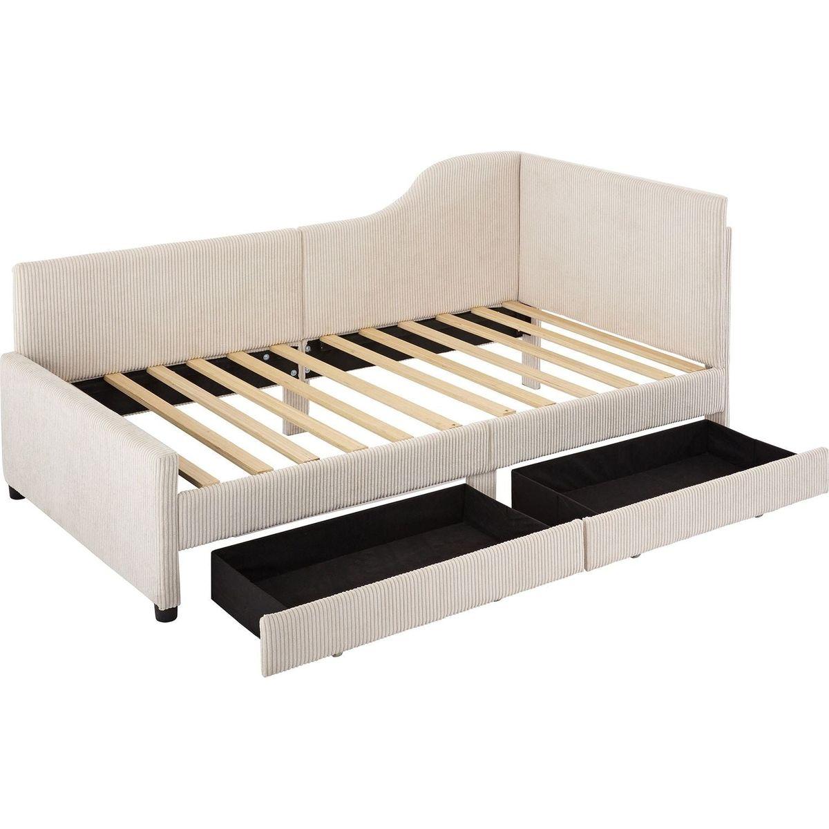 Twin Size L-Shaped Corduroy Daybed,Upholstered Bed Frame with 2 Storage Drawers, Beige