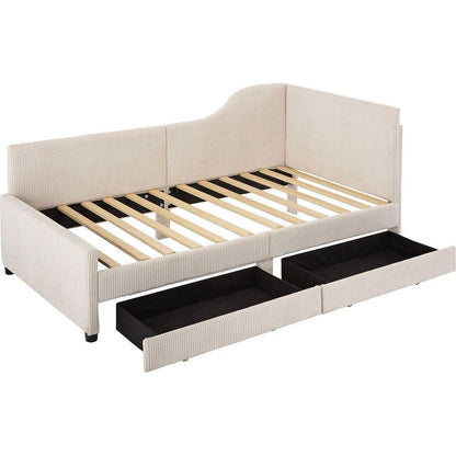 Twin Size L-Shaped Corduroy Daybed,Upholstered Bed Frame with 2 Storage Drawers, Beige