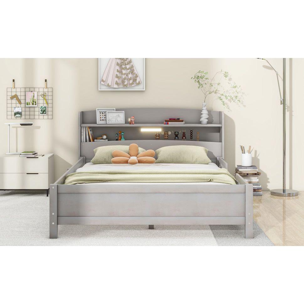 Wood Full Size Platform Bed with Built-in LED Light, Storage Headboard and Guardrail, Antique Grey