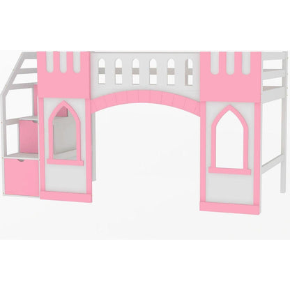 Twin Size Loft Bed with Storage Staircase and Window, Pink