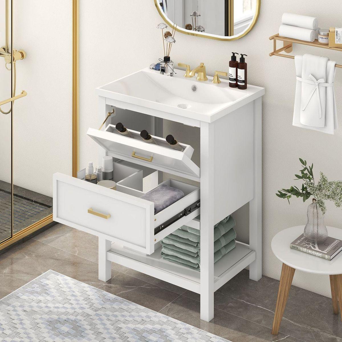 24" Bathroom Vanity with Top Sink, Modern Bathroom Storage Cabinet with 2 Drawers, Single Sink Bathroom Vanity