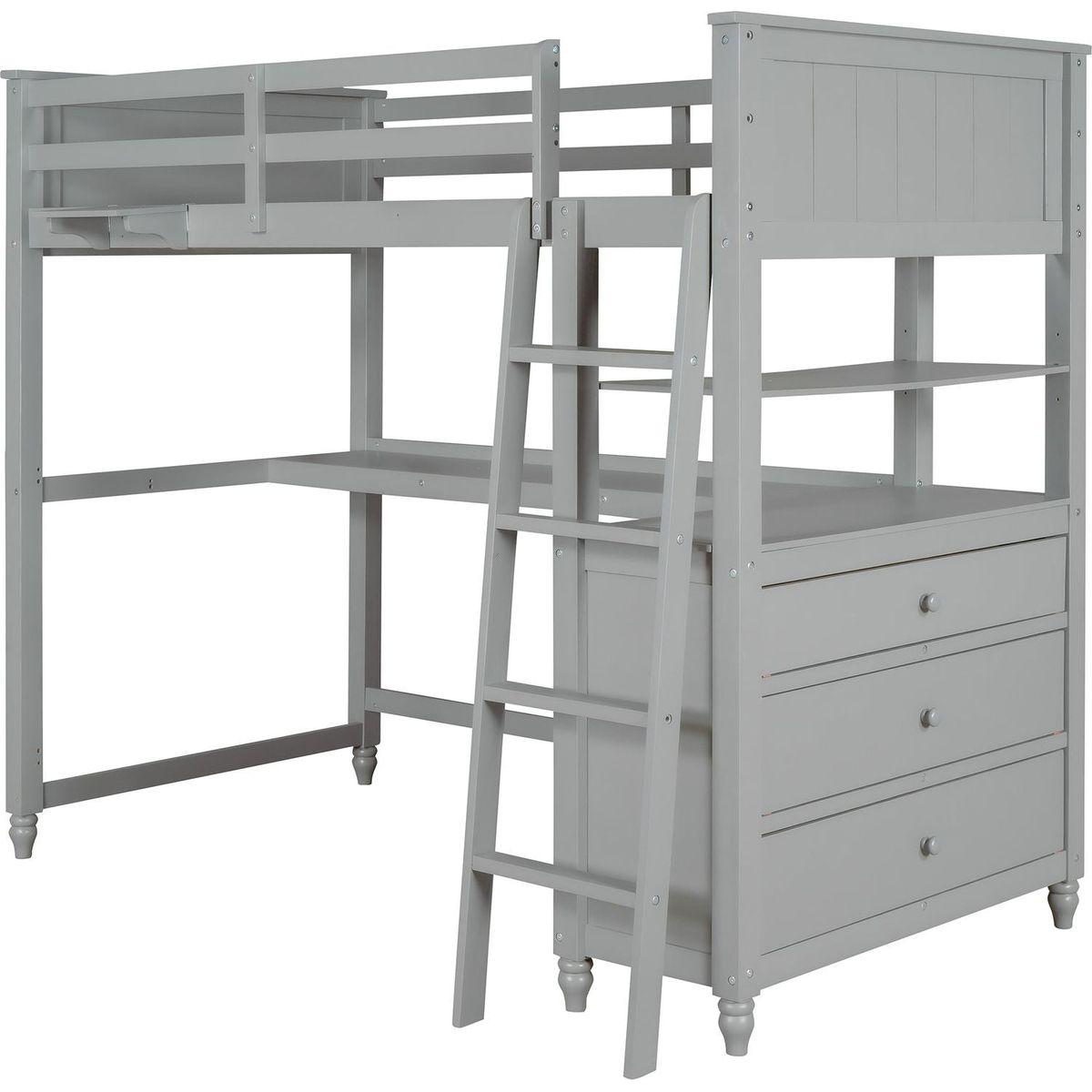 Twin size Loft Bed with Drawers and Desk, Wooden Loft Bed with Shelves - Gray