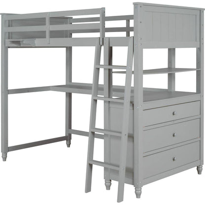Twin size Loft Bed with Drawers and Desk, Wooden Loft Bed with Shelves - Gray