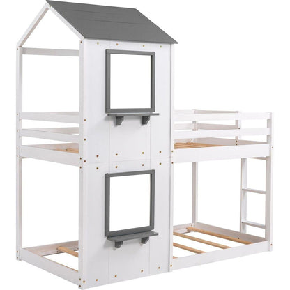 Twin Over Twin Bunk Bed Wood Bed with Roof, Window, Guardrail, Ladder (White)