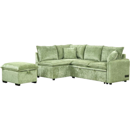 82.67"Convertible Sofa Bed Sectional Sofa Sleeper L-shaped Sofa with a Storage Ottoman,Two Pillows, Two Power Sockets and Two USB Ports for Living Room, Green