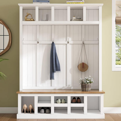 Farmhouse Wooden Style 78"H Modern Hall Tree with Wide Storage Seating Bench, Entryway Shoe Cabinet with 13 Compartments, Elegant Coat Rack with 6 Hooks for Mudroom, Living room, White