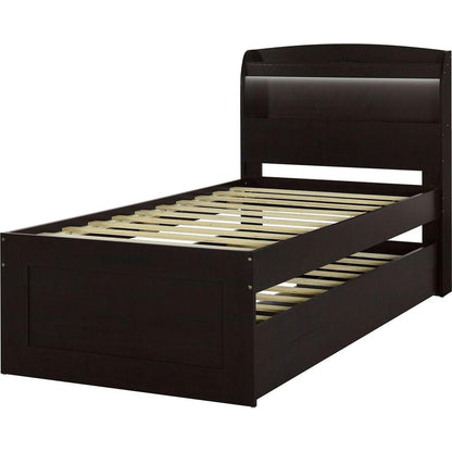 Twin XL Size Platform Bed with Storage LED Headboard, Charging Station, Twin Size Trundle and 2 Drawers, Dark Brown
