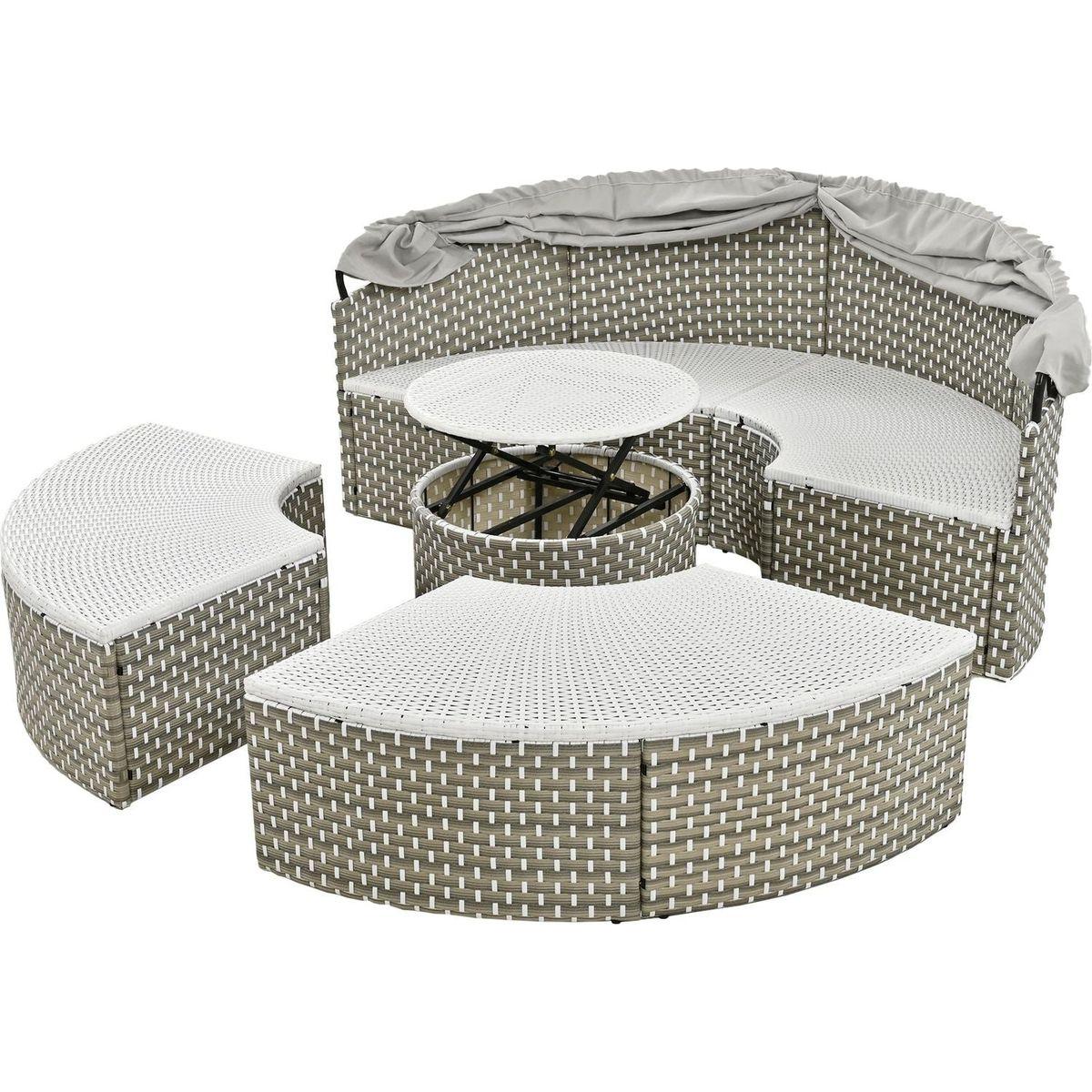 Patio Furniture Round Outdoor Sectional Sofa Set Rattan Daybed Two-Tone Weave Sunbed with Retractable Canopy, Separate Seating and Removable Cushion, Gray
