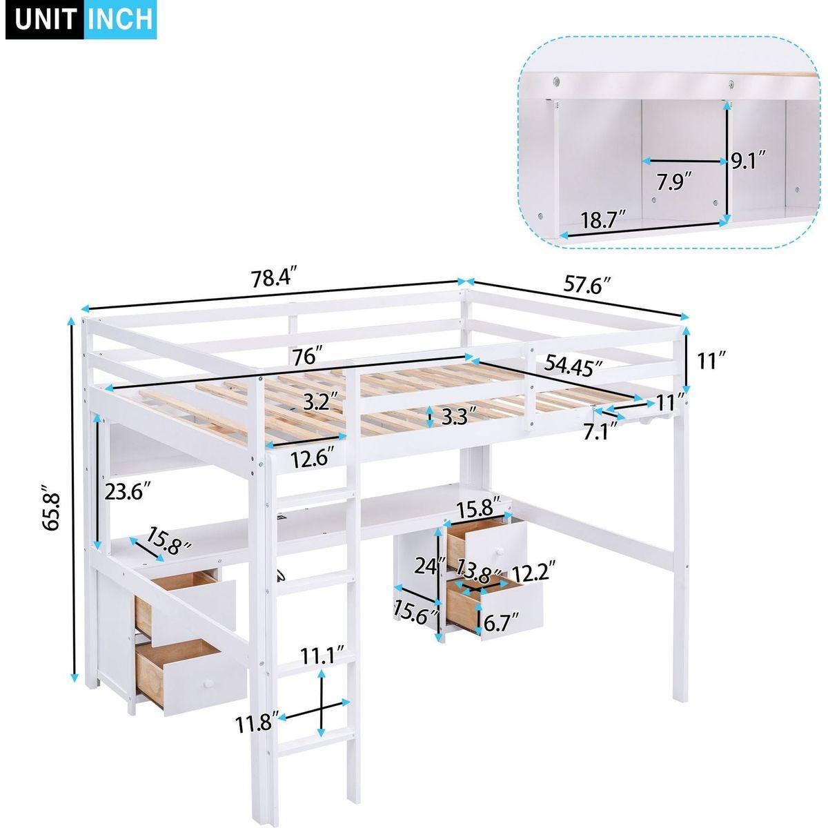 Full Size Loft Bed with Desk, Cabinets, Drawers and Bedside Tray, Charging Station, White