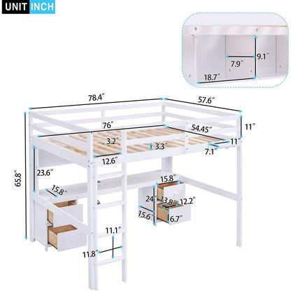 Full Size Loft Bed with Desk, Cabinets, Drawers and Bedside Tray, Charging Station, White