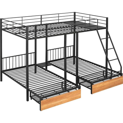 Full Over Twin & Twin Bunk Bed, Metal Triple Bunk Bed with Drawers and Guardrails, Black