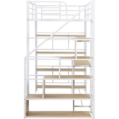Twin Size Metal Loft bed with Staircase, Built-in Desk and Storage Shelves, White