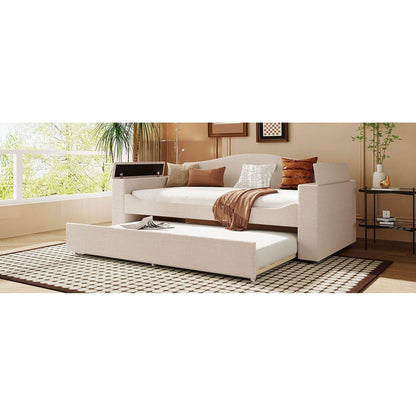 Twin Size Upholstered Daybed with Storage Armrests, Trundle and Latest Integrated Bluetooth Audio System, Teddy Fleece, Beige