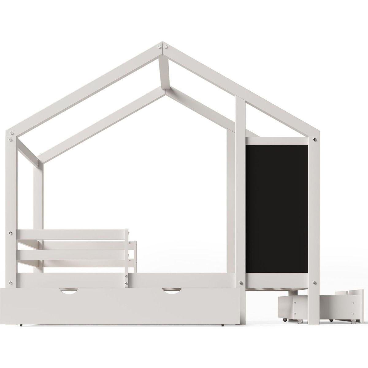 Twin House Bed with Blackboard and Drawers, Two assembly options, White