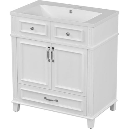 30" Bathroom Vanity with Resin Sink, Solid Wood Frame Bathroom Storage Cabinet with Soft Closing Doors, Retro Style, White