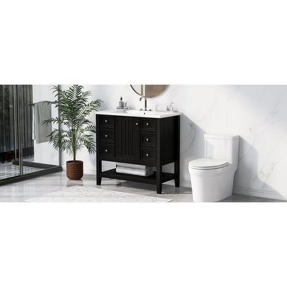 36" Bathroom Vanity with Sink Combo, One Cabinet and Three Drawers, Solid Wood and MDF Board, Black