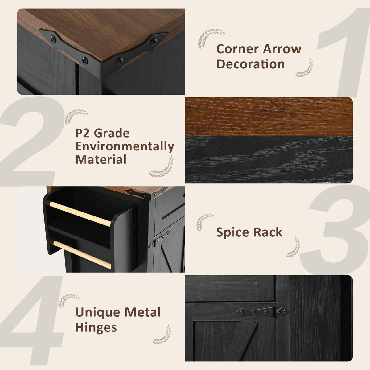 53.5"Farmhouse Kitchen Island with Power Outlet, Kitchen Storage Island with Drop Leaf, Spice Rack and Drawer, Rolling Kitchen Cart on Wheels, for Home, Kitchen and Dining Room, Black