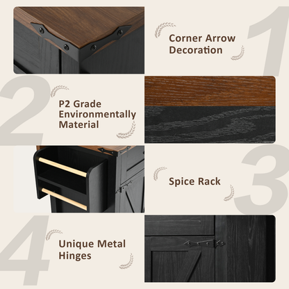 53.5"Farmhouse Kitchen Island with Power Outlet, Kitchen Storage Island with Drop Leaf, Spice Rack and Drawer, Rolling Kitchen Cart on Wheels, for Home, Kitchen and Dining Room, Black