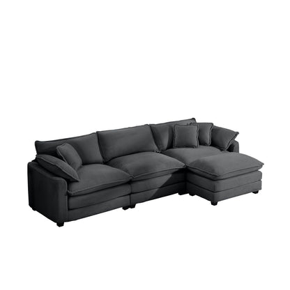 Grey Corduroy 3-Seater L-Shaped Sofa with Ottoman - Comfortable and Stylish for Small Living Rooms