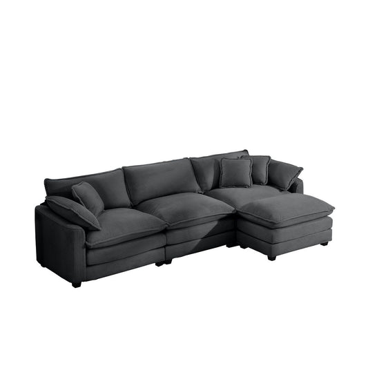 Grey Corduroy 3-Seater L-Shaped Sofa with Ottoman - Comfortable and Stylish for Small Living Rooms