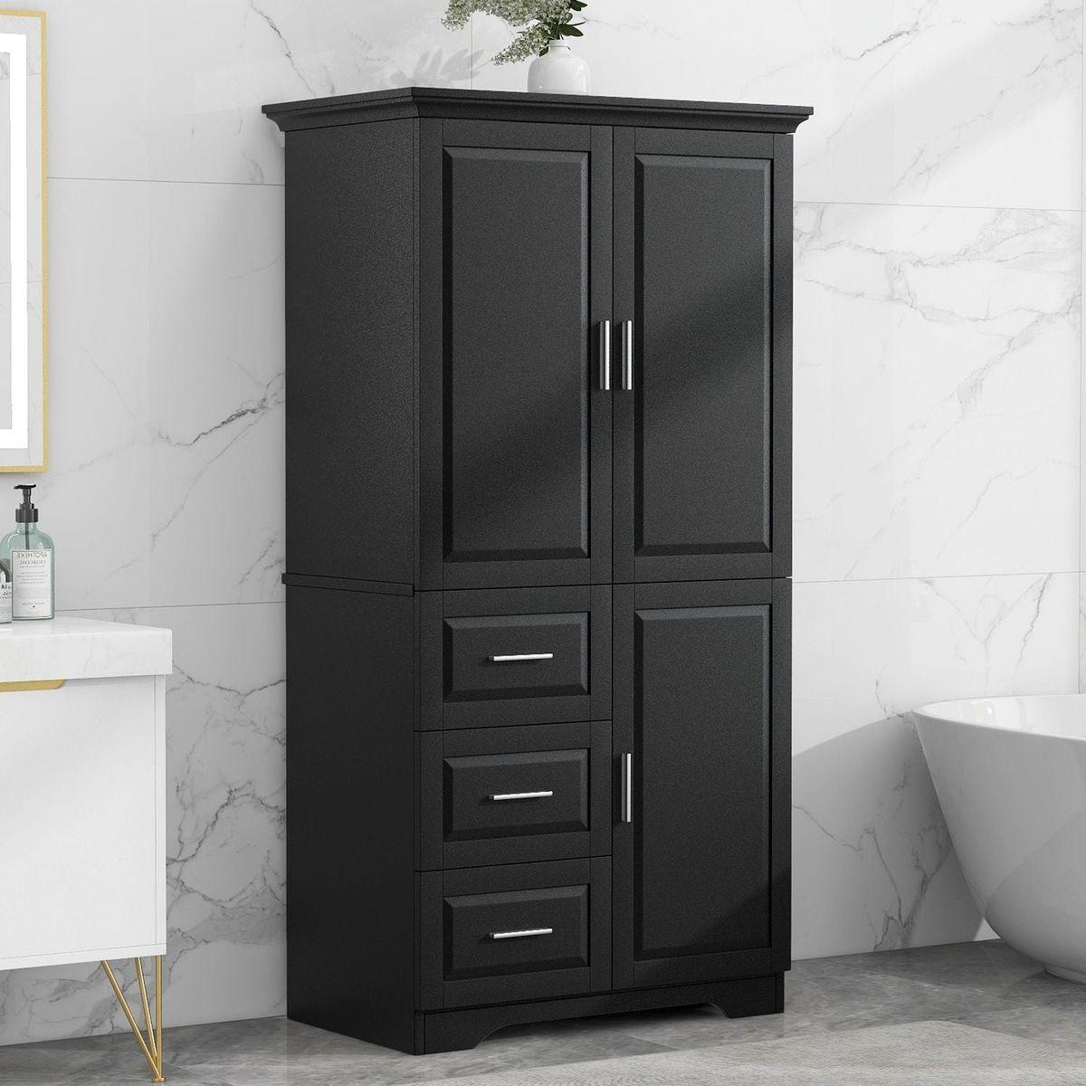 Tall and Wide Storage Cabinet with Doors for Bathroom/Office, Three Drawers, Black