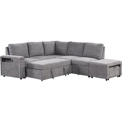 L-shaped Padded Modular Sofa with Storage Space, USB Ports, and Cup Holders on the Armrests, Suitable for Living Rooms, Offices, and Apartments.
