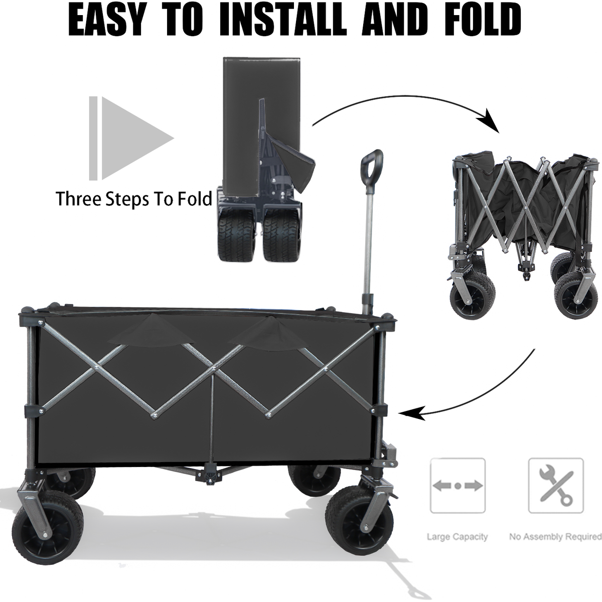 Collapsible Folding Wagon, Push Pull Foldable Beach Wagon Cart