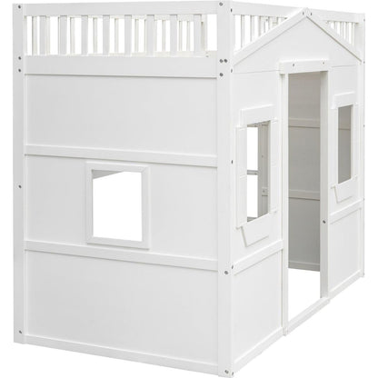 Twin Size House Loft Bed With Ladder-White