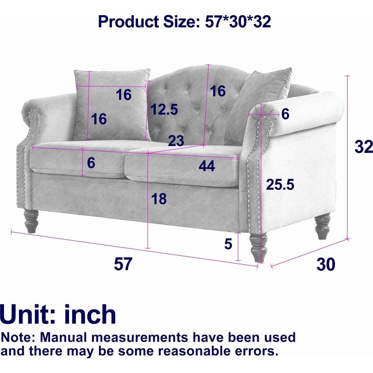 57" Chesterfield Sofa Grey Velvet for Living Room, 2 Seater Sofa Tufted Couch with Rolled Arms and Nailhead for Living Room, Bedroom, Office, Apartment, two pillows