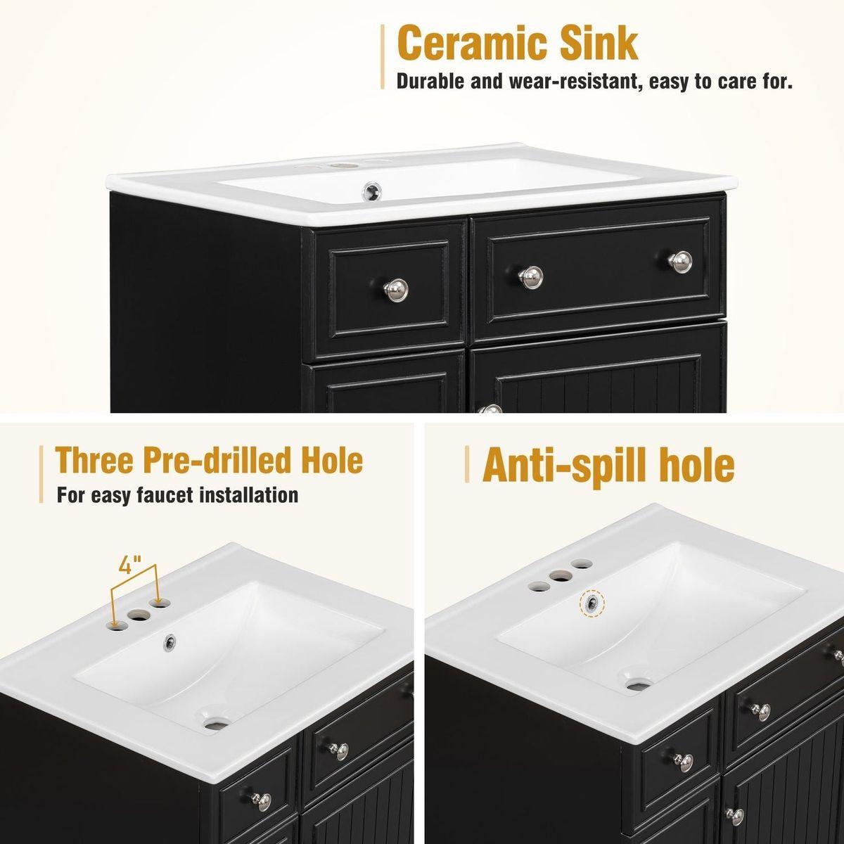 24-Inch Bathroom Vanity Cabinet with Ceramic Sink, 2 Drawers, 1 Door