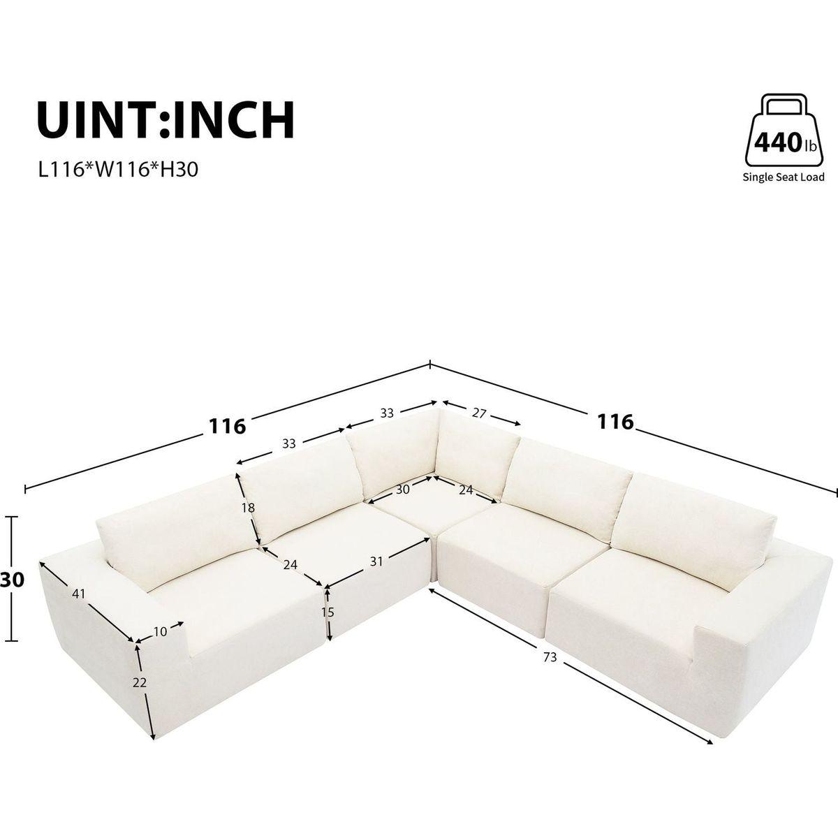 116x116" Modular L Shaped Sectional Sofa,Luxury Floor Couch Set,Upholstered Indoor Furniture,Foam-Filled Sleeper Sofa Bed for Living Room,Bedroom,5 PC Free Combination,3 Colors