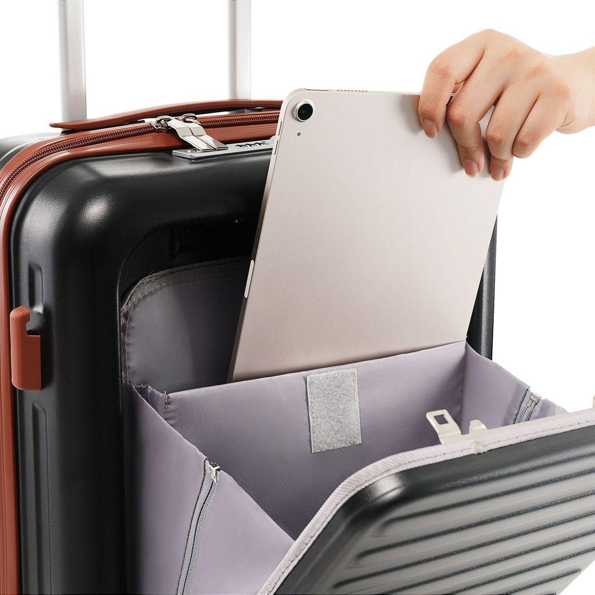 Front Opening 20-Inch Carry-On Luggage with Expandable Travel Bag Set, ABS Hard Shell Two-piece suitcase set with USB Port, Cup Holder, black and brown