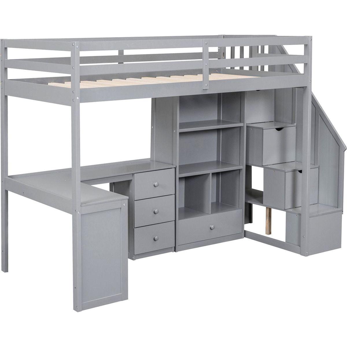 Twin Size Loft Bed with L-Shaped Desk and Drawers, Cabinet and Storage Staircase, Gray