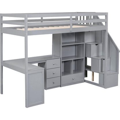 Twin Size Loft Bed with L-Shaped Desk and Drawers, Cabinet and Storage Staircase, Gray