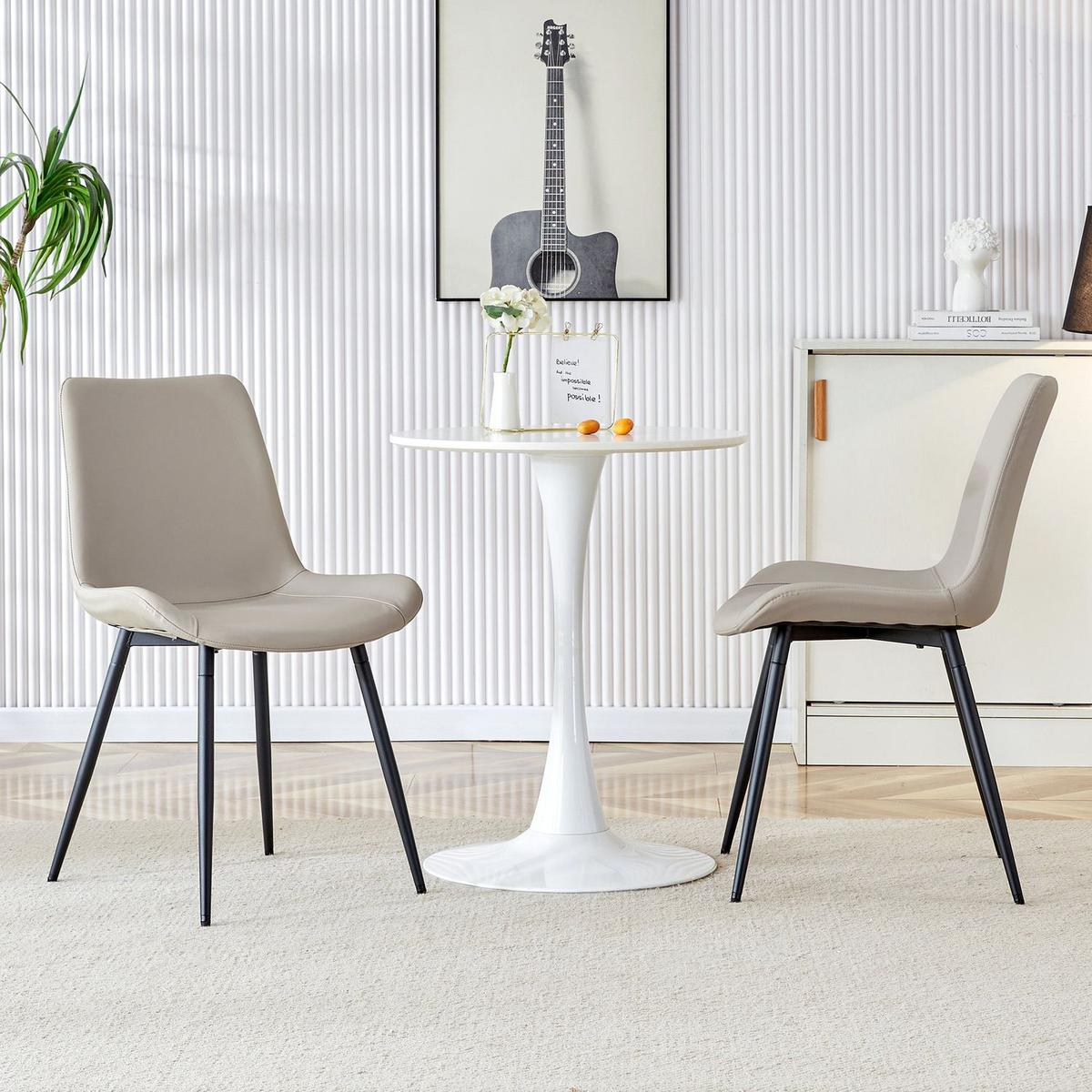 Light gray artificial leather backrest cushion dining chair, black metal legs, curved widened cushion design for more comfort, suitable for restaurants, kitchens, bedrooms, offices.(6 chairs) 0502