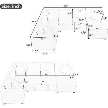 112.2" Sectional Sofa Pull-out Sofa Bed Sleeper with a Storage Ottoman,Three Pillows and Charging Devices for Living Room, Cream