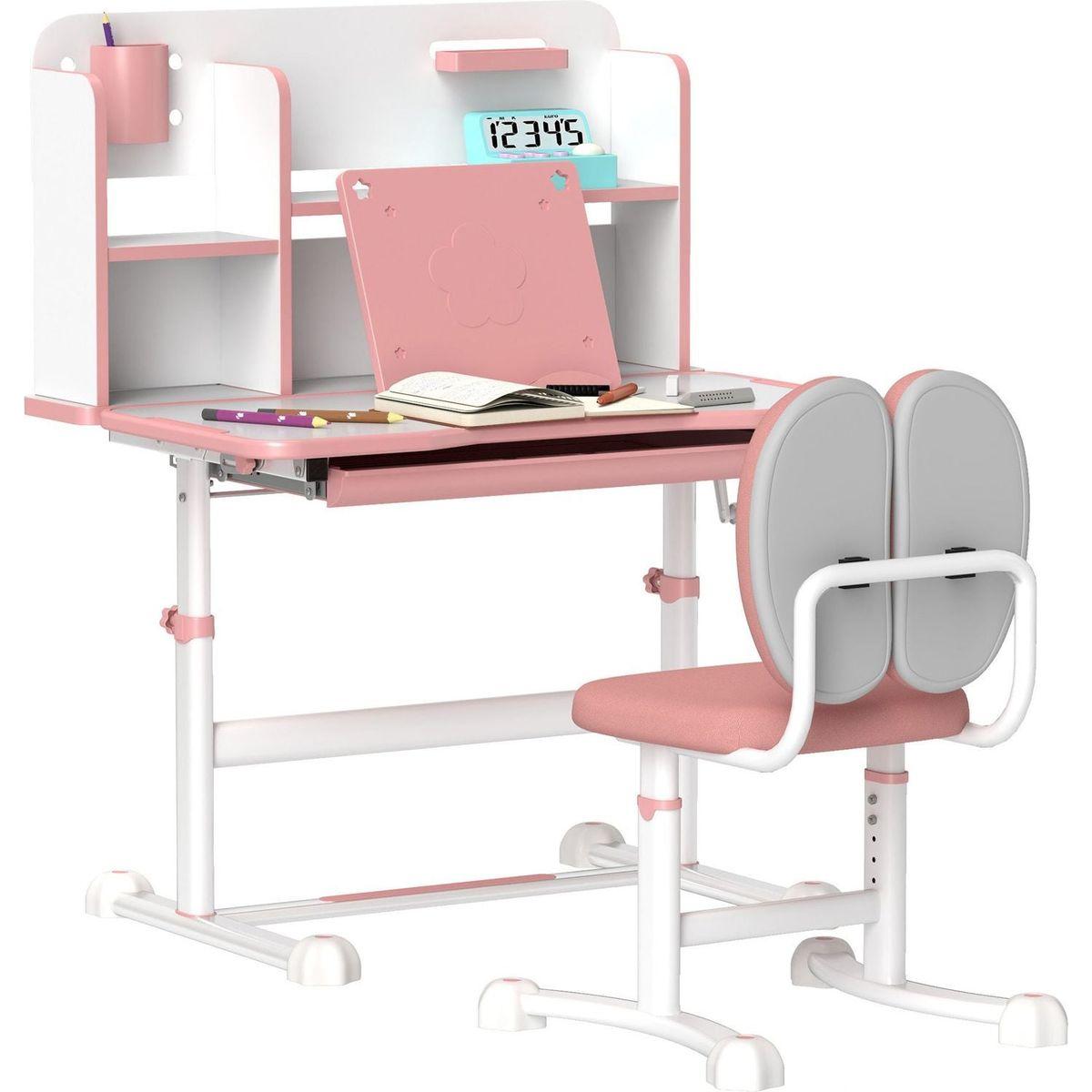 Qaba Kids Desk and Chair Set, Height Adjustable Kids School Study Desk and Chair Set with Tilt Desktop, Storage Drawer and Reading Rack for Writing, Reading and Drawing, Pink