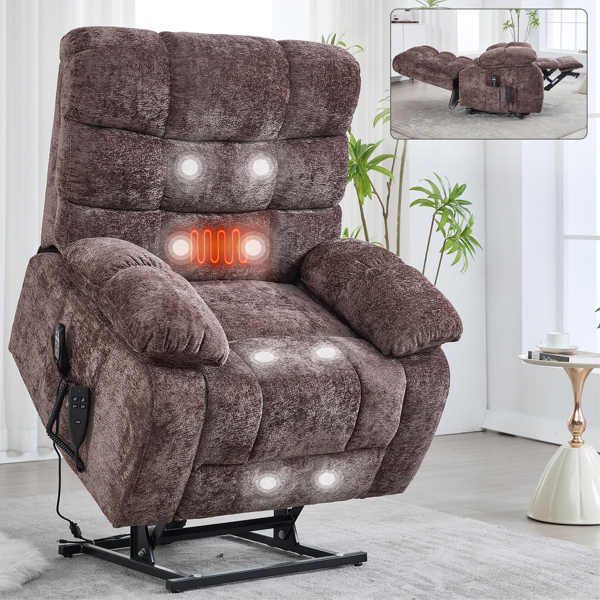 Lift Recliner Chair Heat Massage Dual Motor Infinite Position Up to 350 LBS Large Electric Power Lift Recliners with Power-Remote, Medium-firm and Heavy duty, Brown