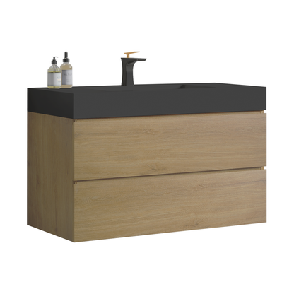 U092-Alice36W-106 Alice 36" Natural oak Bathroom Vanity with Sink, Large Storage Wall Mounted Floating Bathroom Vanity for Modern Bathroom, One-Piece Black Sink Basin without Drain, Pre-assembled