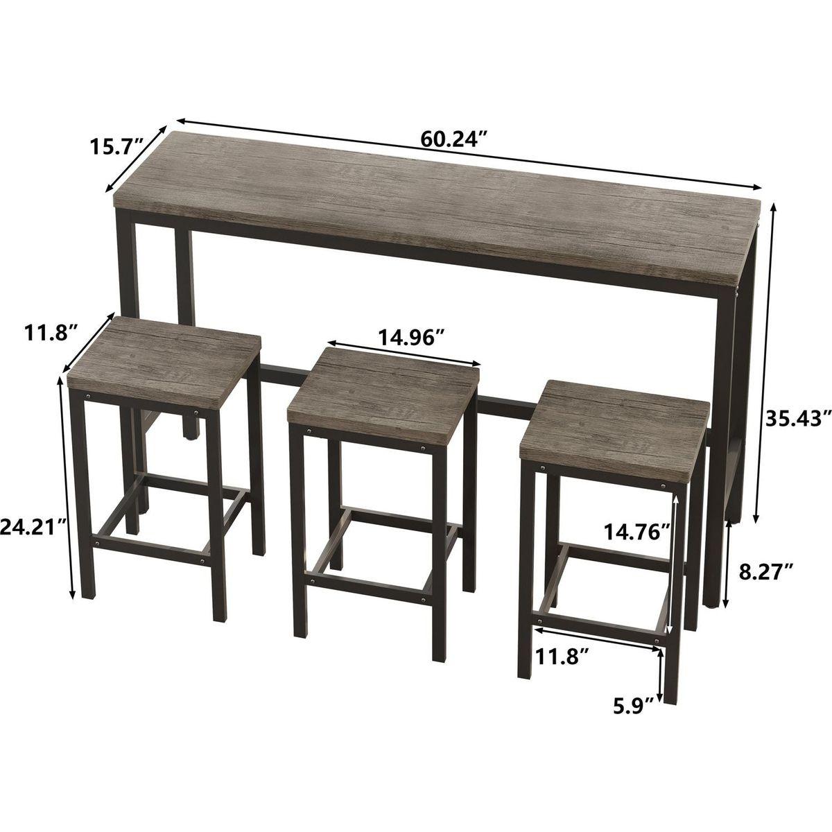 Modern Design Kitchen Dining Table, Pub Table, Long Dining Table Set with 3 Stools, Easy Assembly, Brown Gray