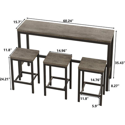 Modern Design Kitchen Dining Table, Pub Table, Long Dining Table Set with 3 Stools, Easy Assembly, Brown Gray