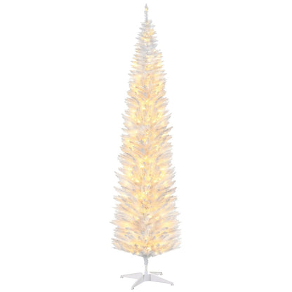 HOMCOM 8' Tall Pre-Lit Slim Noble Fir Artificial Christmas Tree with 300 Warm White LED Lights and 618 Tips, for Christmas Decoration, White