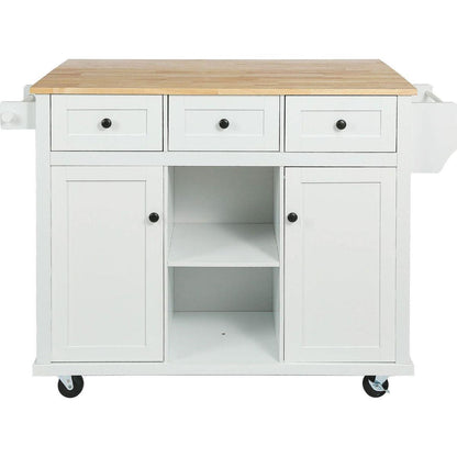 Kitchen Cart with Rubber wood Drop-Leaf Countertop, Cabinet door internal storage racks,Kitchen Island on 5 Wheels with Storage Cabinet and 3 Drawers for Dining Room,White