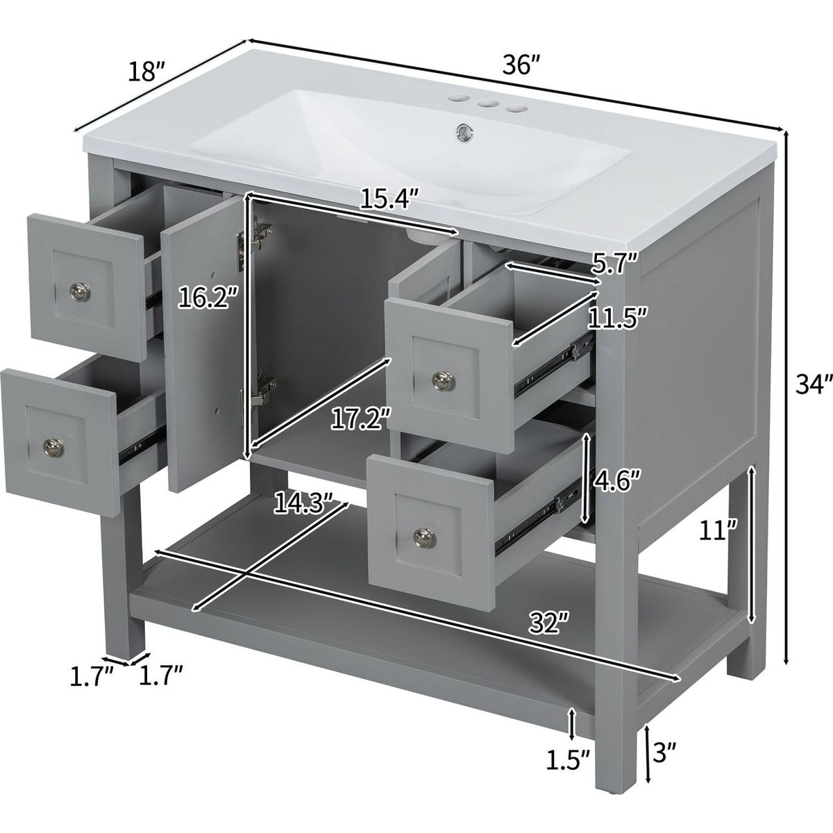 36" Bathroom Vanity with Undermount Sink,Free Standing Vanity Set with 4 Drawers& Soft Closing Doors,Solid Wood Frame Bathroom Storage Cabinet