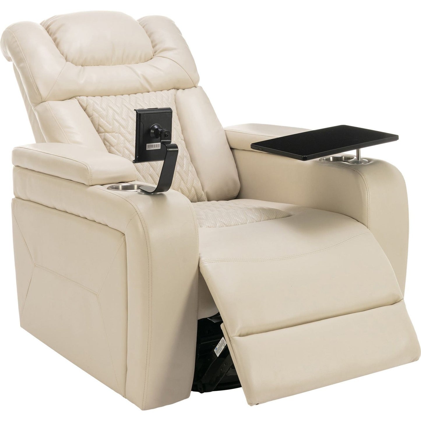 270 Degree Swivel PU Leather Power Recliner Individual Seat Home Theater Recliner with Comforable Backrest, Tray Table, Phone Holder, Cup Holder, USB Port, Hidden Arm Storage for Living Room, White