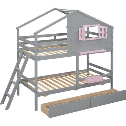 Twin over Twin Bunk Bed with 2 Drawers, 1 Storage Box, 1 Shelf, Window and Roof-Gray