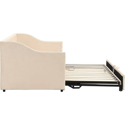 Twin Size Upholstered daybed with Pop Up Trundle, Beige