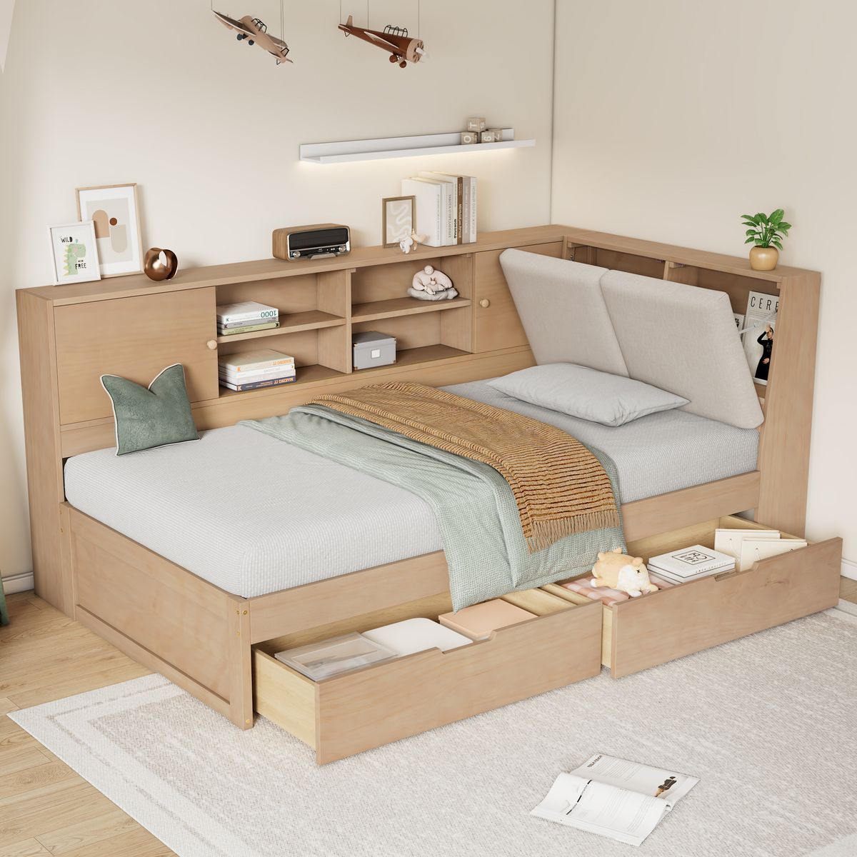 Wooden Twin Size L-shaped Daybed Corner Bed Under-bed Drawers  with Storage Bookcase and Upholstered Headboard and USB Charging Ports for Limited Space,Natural