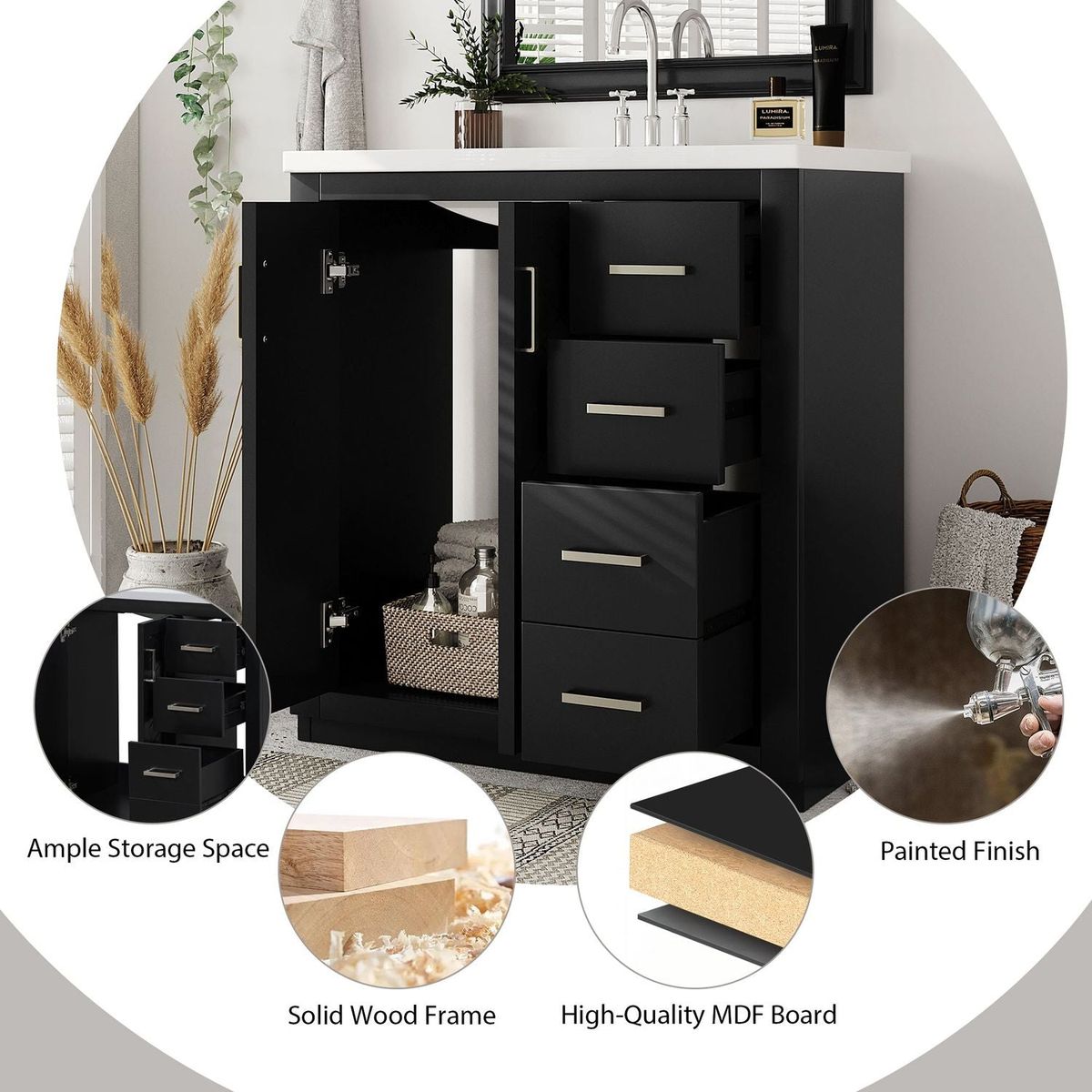 30" Bathroom Vanity with Resin Sink Combo,Solid Wood Frame Bathroom Storage Cabinet, Freestanding Vanity Set with 3 Drawers& Soft Closing Doors